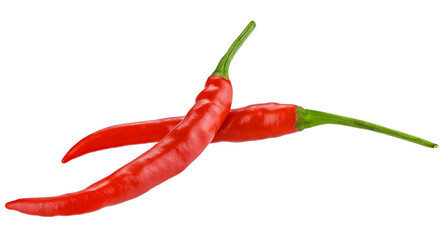 Group of two ripe red hot chili peppers Thai, isolated on a transparent background. Full depth of field.