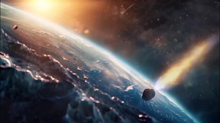 Wall Mural - Meteor heading towards Earth with a fiery trail. Seamless looping time-lapse 4k video animation background
