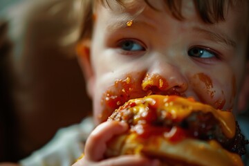 Wall Mural - Baby eating hamburger. Unhealthy junk food. Ai generative