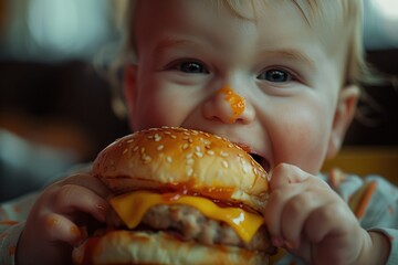 Wall Mural - Baby eating hamburger. Unhealthy junk food. Ai generative