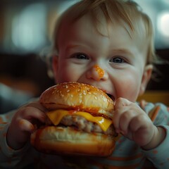 Wall Mural - Baby eating hamburger. Unhealthy junk food. Ai generative