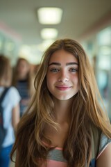 Wall Mural - A girl with long brown hair is smiling at the camera. She is wearing a pink shirt and a backpack