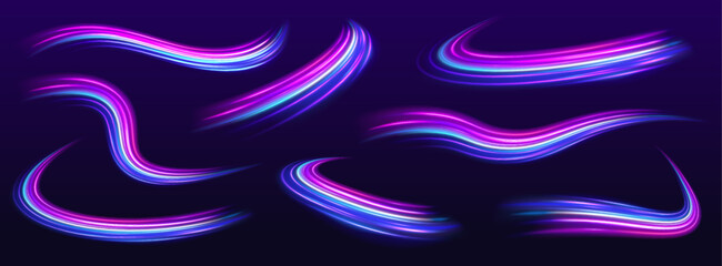 Leinwandbilder - A set of neon swirls with a light effect in the form of a spiral. Vector abstract dynamic dark background. City road car light trails motion background.	