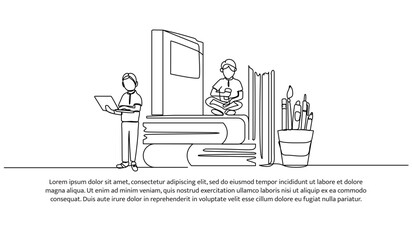 Wall Mural - Continuous one line design of People study in public library. Minimalist style vector illustration on white background.