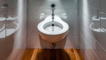 Sticker - A urinal in a bathroom with white tile and wood floor, AI