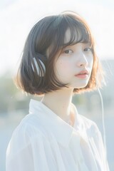 Wall Mural - Cute asian girl model a white shirt and headphones, Generative AI