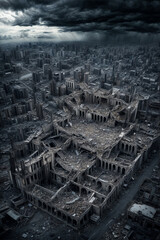 Poster - The image shows a cityscape at night, with a large, destroyed building in the center. The surrounding area is also damaged and destroyed, with rubble scattered throughout.