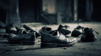 Wall Mural - A group of shoes are scattered on the ground in a pile, AI