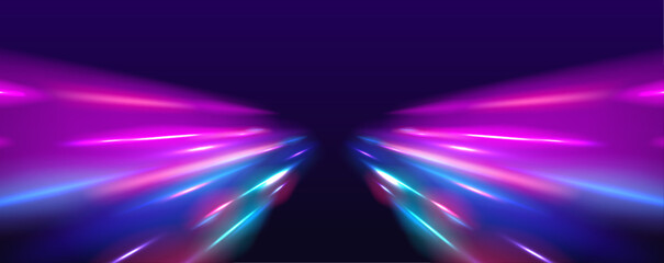 Leinwandbilder - A flash of neon light and a trail of fiery flash. Acceleration speed motion on night road. Neon stripes in the form of drill, turns and swirl. Speed of light concept background. 