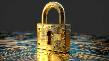 Wall Mural - Golden padlock with integrated electronic circuits, password security technology for fraud prevention and confidential data network