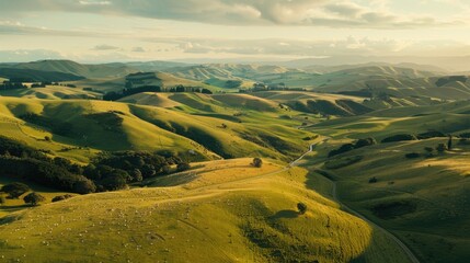 Wall Mural - A drone shot of a picturesque countryside with rolling hills