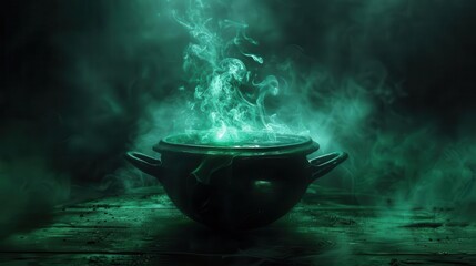 mystical cauldron emitting eerie green glow wisps of magical smoke dark foggy background halloween a