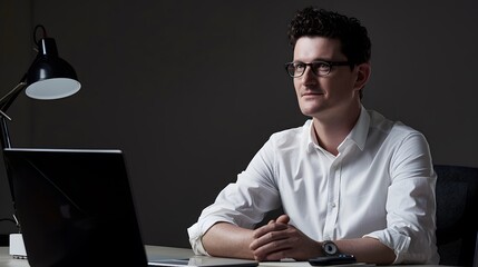 Wall Mural - Man in white shirt sitting at desk, looking to the side.