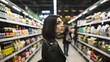 © Felippe Lopes - Young woman in a grocery store aisle looking at the shelves.