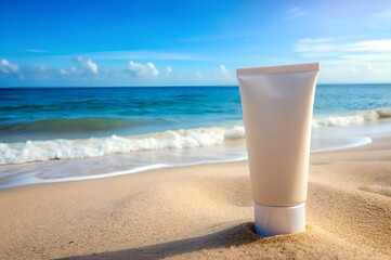 Wall Mural - Sunblock placed on sand beach with a serene seaside background