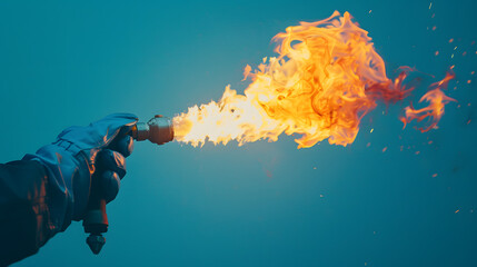 Wall Mural - with a hand with a blue cloth glove holding an industrial blow torch that is emitting fire