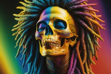 Canvas Print - A skull with dreads and a rainbow background, AI