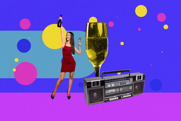 Poster - Composite photo collage of happy girl hold champagne glass bottle retro party event boombox music occasion isolated on painted background