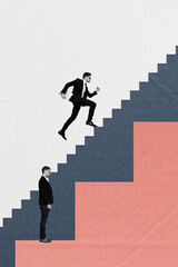 Wall Mural - Vertical photo collage of serious businessman run career ladder promotion other unlucky loser man stand down isolated on painted background