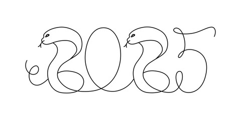 Wall Mural - Decoration continuous line hand drawing sign for 2025 year calendar, presentation, poster. Vector stock illustration minimalism design isolated on white background. Editable stroke single line. 