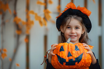 Sticker - Cute girl smiling behind of pumpkin bag