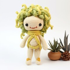 Wall Mural - Handmade yarn Gorgon doll smiling on white