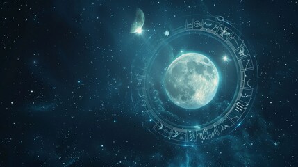 Celestial-themed digital artwork: dark blue starry sky, full moon surrounded by zodiac signs, crescent moon with a star, two planets. Mystical cosmic atmosphere.