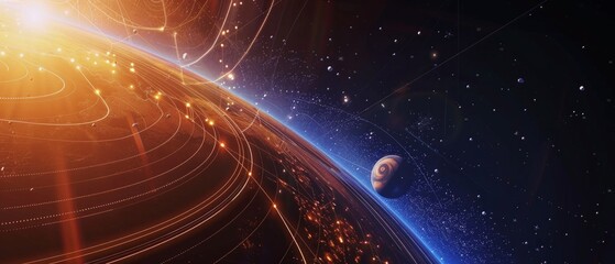 Wall Mural - Cosmic image with a large planet, orange star and blue ring system. There is also a smaller planet with a white halo. The huge background of the universe creates a mysterious and calm atmosphere