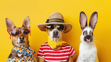 We pets cutely dressed for a summer outing and yellow isolated background. Ai generate.