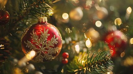 Wall Mural - christmas tree with ornaments on blurred bokeh background