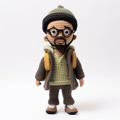 Wall Mural - Crocheted doll in brown jacket, green shirt, brown pants on white background