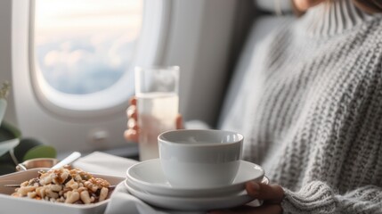 A passenger wearing a cozy grey sweater enjoys an inflight meal with a scenic window view, showcasing the comfort and amenities of modern air travel in a serene setting.