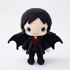 Wall Mural - A cute vampire doll crafted from yarn stands on a white background