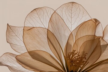 Macro photograph showcasing the intricate beauty of beige transparent flower petals and leaves perfect for use as a natural wallpaper or background.