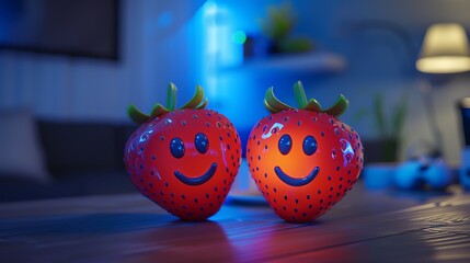 Wall Mural - Two couple strawberries with smiley faces on the desk