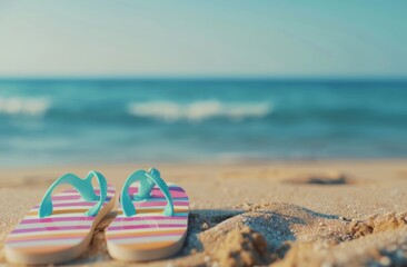 Wall Mural - Flip Flops on Beach at Sunset