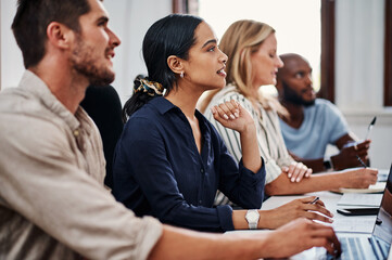 Aufkleber - Office, attention and business people at seminar for meeting, project development or audience in corporate training. Objectives, values and team in conference room with ideas, workshop for internship