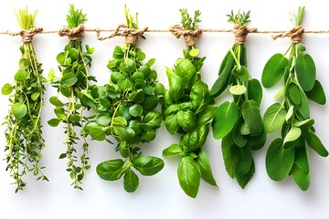 Wall Mural - Freshly Harvested Culinary Herbs on Rope Tied with Twine Ideal for Kitchen Decor and Cooking