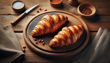 Two croissants on a wooden board with hazelnuts and a knife..Concept: Simple and rustic croissant presentation