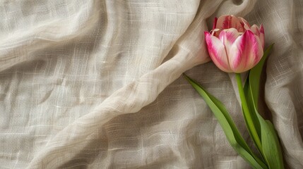 Wall Mural - Tulip on Natural Cotton and Linen Fabric Background