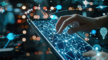 A systems administrator at work, coding binary scripts on a tablet for a neural network upgrade, with visible node connections and AI model graphics