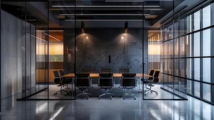 sleek minimalist conference room with glass walls polished table reflecting ambient light ergonomic chairs and a striking dark cement accent wall creating depth