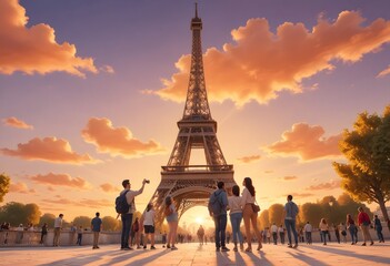  adorable cartoon style, Eiffel Tower at sunset in Paris, France, featuring a group of tourists of various descents, including a Hispanic woman and a Middle-Eastern man, taking photos with the tower an