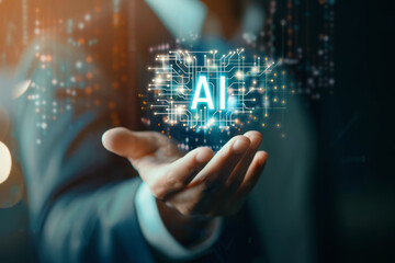 Wall Mural - businessman holding glowing ai hologram with circuit like patterns. concept of advanced technology a