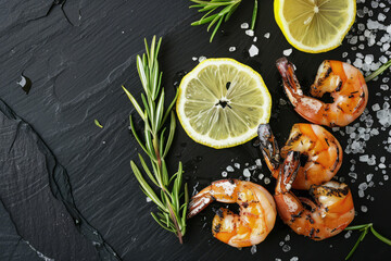 Wall Mural - Delicious grilled shrimps with lemon, rosemary and various spices served on slate dish on rustic background. Cooked prawns on dark table, top view