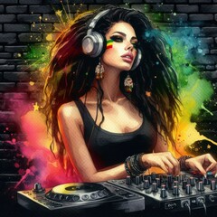 Wall Mural - Female DJ woman on International Reggae Day celebration. Ragga Jamaican dance music DJ raggae