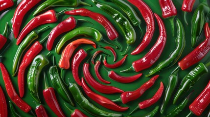 vibrant array of glossy red and green chili peppers arranged in artistic swirl pattern