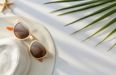 Wall Mural - Sunglasses and Hat on White Background