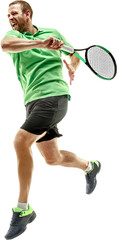 full-length image of man, tennis player in sportswear serving ball with racket, playing isolated on 