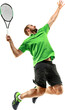 © master1305 - Dynamic image of focused man, tennis player hitting ball with racket in a jump, playing, training isolated on transparent background. Concept of sport, competition, tournament, game, active lifestyle
